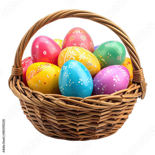 A wicker basket overflowing with vibrantly colored and decorated Easter eggs against a solid black background.