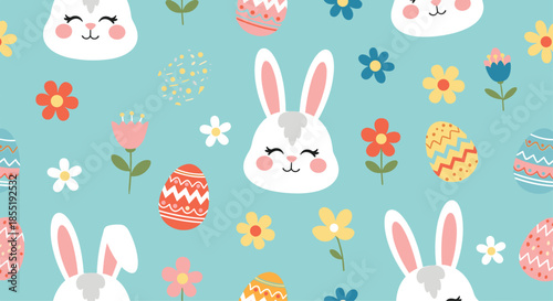 Joyful Easter seamless pattern featuring cute white bunnies, decorated eggs, and colorful spring flowers on a bright blue background.
