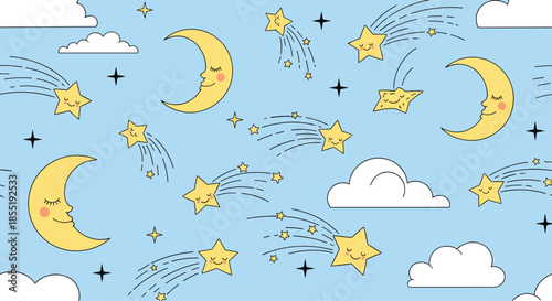 Dreamy seamless pattern for children with sleeping crescent moons, shooting stars, and fluffy white clouds on a light blue background.