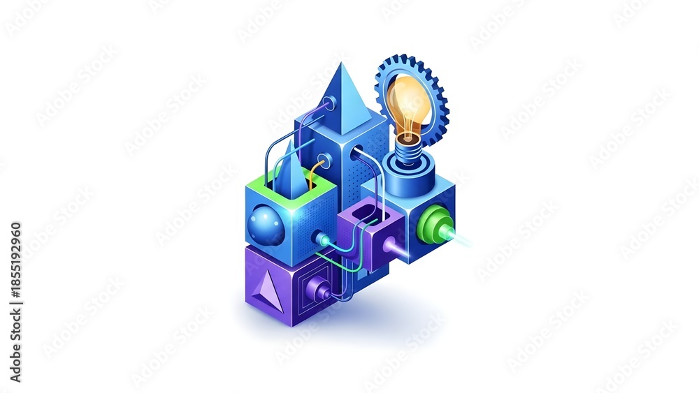 Obraz premium A colorful 3D illustration of a creative mechanical structure with a lightbulb