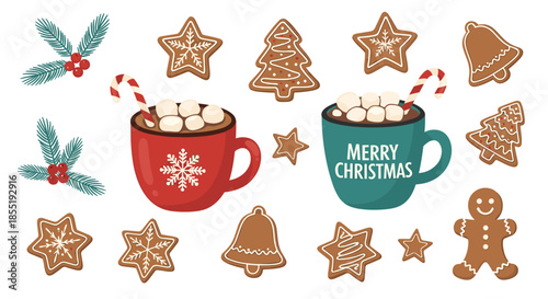 Festive Christmas collection of gingerbread cookies including stars trees and bells along with mugs of hot cocoa topped with marshmallows.