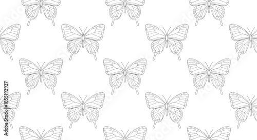 Seamless pattern featuring multiple detailed butterfly line art drawings in a repetitive grid layout on a clean white background.