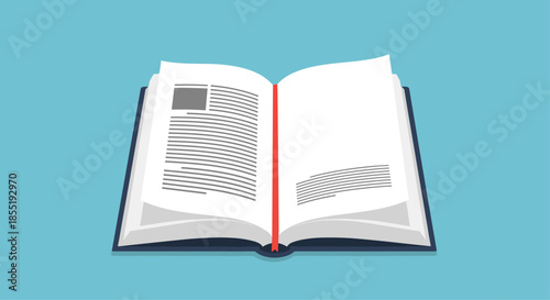 Open hardcover book with white pages a red bookmark and grey text blocks isolated on a solid teal blue background for education themes.