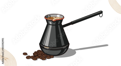 Traditional black turkish coffee pot with a long handle and coffee beans scattered on a white background with decorative curved lines.