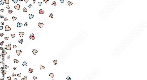Frame of colorful hand-drawn hearts in various shades of pink and blue concentrated on the left side of a white background.