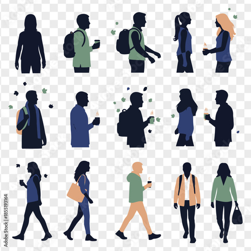 Silhouettesofpeoplewalkingandholdingdrinksisolatedontransparentbackground