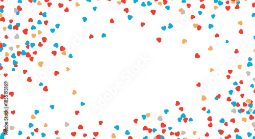 Vibrant background filled with colorful heart shaped confetti in red blue and orange scattered on a clean white surface for parties.