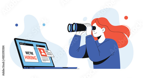 Woman using binoculars to look for candidates on a laptop screen with a we are hiring message representing job recruitment.