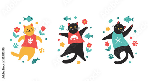 Three cute cartoon cats in colorful t-shirts dancing and playing surrounded by flowers fish and paw prints on a white background.