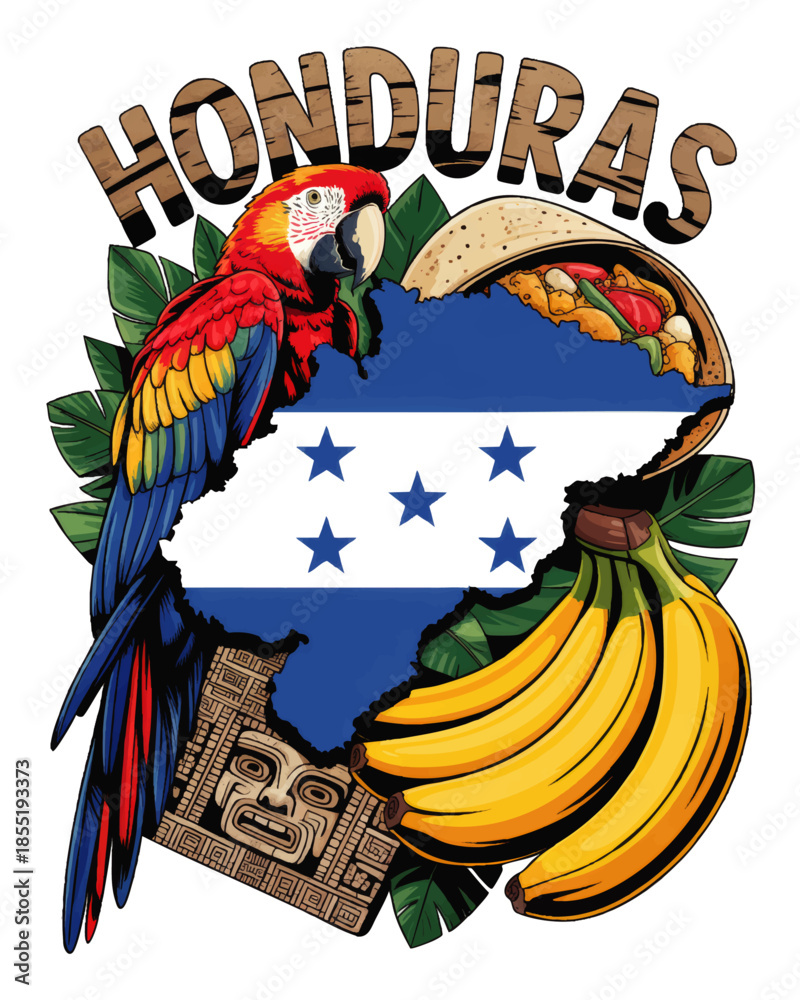 Obraz premium Honduras travel illustration with map flag scarlet macaw taco bananas tropical leaves and Mayan stone mask design