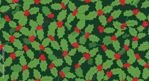 Traditional christmas pattern of green holly leaves and clusters of bright red berries creating a dense and festive winter design.