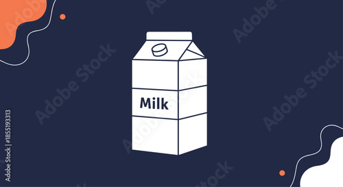Simple illustration of a white milk carton with a blue label on a dark blue background with abstract shapes and waves.