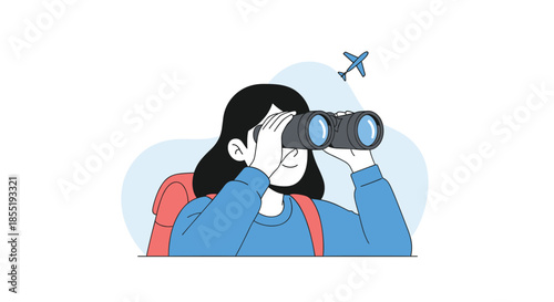 Young woman with a backpack using binoculars to look into the distance with a small airplane flying in the sky behind her.