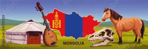Mongolia culture vector illustration with yurt, traditional instrument, horse, dinosaur skull and Mongolian flag map on grassland