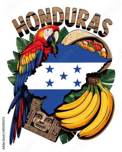 Honduras travel illustration with map flag scarlet macaw taco bananas tropical leaves and Mayan stone mask design