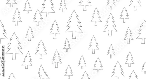 Simple seamless pattern featuring various sizes of pine tree silhouettes in a dashed line art style on a clean white background.