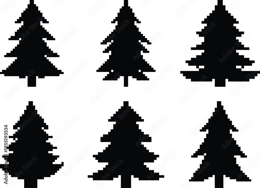 Obraz premium Set of six black pixelated Christmas tree silhouettes vector illustrations, featuring various evergreen conifer shapes with jagged edges, ideal for winter holiday designs, festive backgrounds