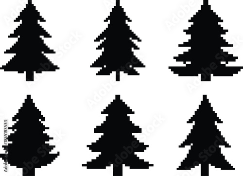 Set of six beautifully designed pine trees in various shapes isolated on transparent background perfect for nature themed projects or illustrations