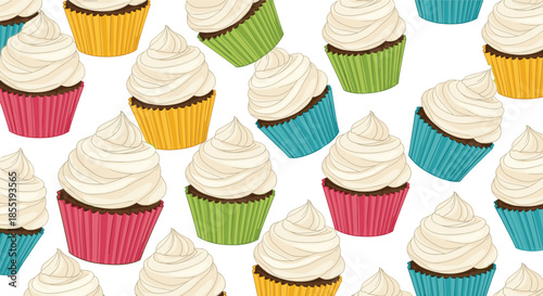 Delicious cupcakes pattern featuring white creamy frosting and vibrant colorful wrappers on a plain white background for bakery and party designs.