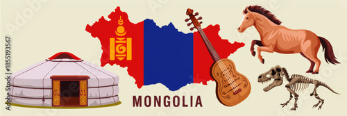 Mongolia culture illustration with flag map, traditional yurt, horse, morin khuur musical instrument and dinosaur skeleton