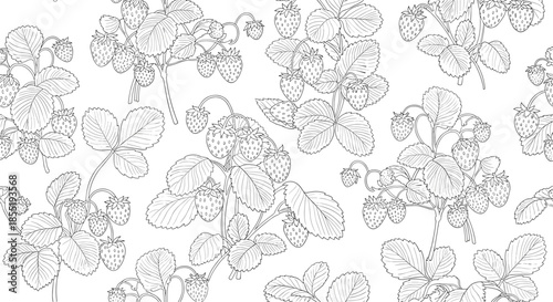 Intricate seamless pattern showing strawberry plants with leaves and berries in a detailed line art style on a white background.