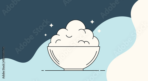 Simple illustration of a bowl filled with fluffy white rice or whipped cream surrounded by shining stars on a blue and white wavy background.
