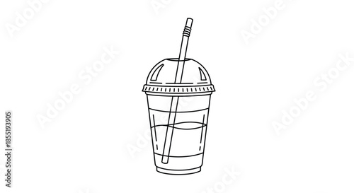Minimalist line drawing of a disposable plastic drink cup with a dome lid and a striped straw filled with liquid for beverage packaging icons.