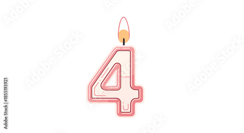 Birthday cake candle in the shape of the number four with a glowing flame in soft pink tones for celebrating a childs fourth birthday party.