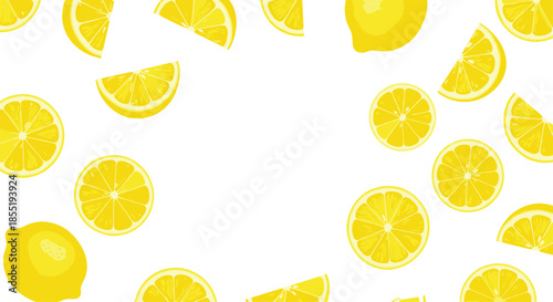 Fresh lemon pattern featuring whole yellow citrus fruits and slices with juicy textures scattered across a clean white background for summer.