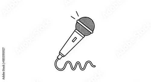 Classic handheld microphone with a curly cord and sound lines indicating high quality audio recording or live stage performance for music themes.