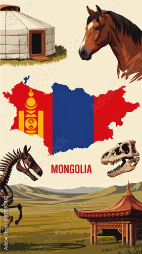 Mongolia travel poster with flag map, yurt, horse, dinosaur fossils and traditional pavilion in vast steppe landscape illustration