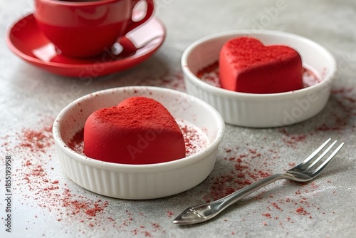 Closeup Red Heart-Shaped Dessert in Bowl with Fork Romantic Setting