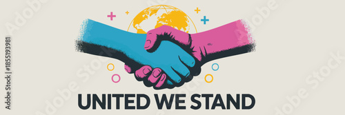 United We Stand handshake illustration, blue and pink hands unity concept, global solidarity cooperation poster with world map