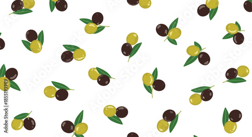 Elegant olive pattern showcasing pairs of green and black fruits with a single leaf on a white background for gourmet food and oil labels.