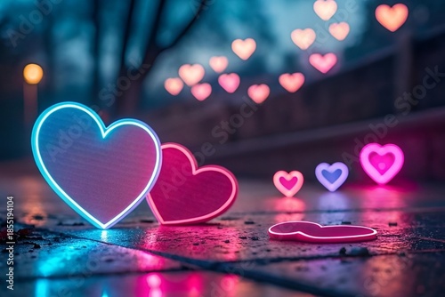 Glowing Pink Blue Neon Hearts with Bokeh Background and Halo Effect