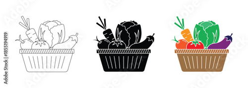 Vegetable basket icon set. Grocery food and nutrition basket vector illustration.