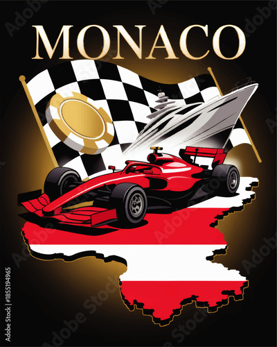 Monaco Grand Prix racing poster with red Formula One car, luxury yacht, casino chip and checkered flag on Monaco map illustration