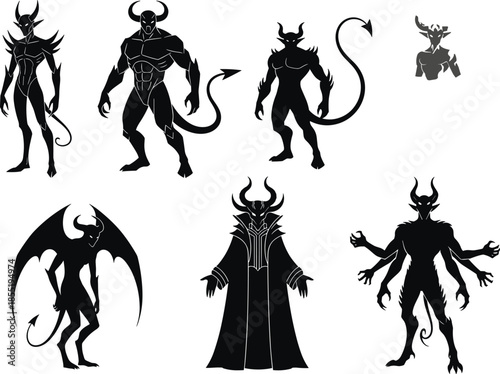 Demon silhouette, devil figure, horned creature, winged entity, clawed monster, fantasy icon, black illustration, mystical pose, supernatural design, character art