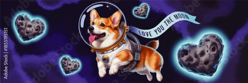 Cute corgi astronaut in space with heart shaped asteroids and love you to the moon romantic cosmic illustration