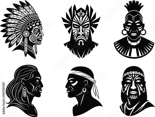 Tribal face silhouette, cultural illustration, black design, indigenous profile, decorative headwear, facial markings, heritage art, ethnic icon, stylized portrait, tradition