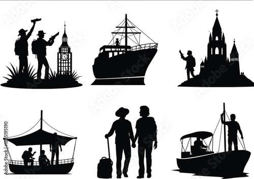 Travel silhouette, exploration scene, cultural journey, black illustration, backpacker icon, cruise ship, cathedral visit, boat tour, companionship, adventure concept