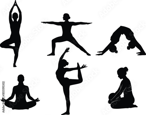 Yoga pose silhouette, flexibility posture, mindfulness figure, black illustration, balance stance, spiritual practice, seated meditation, tree pose, warrior pose, dancer