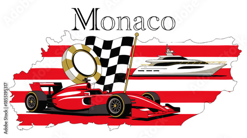 Monaco grand prix racing car and luxury yacht illustration on red striped map with checkered flag and lifebuoy