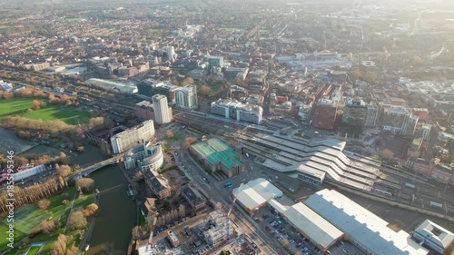 downtown center and railway station of Reading. Berkshire in England. aerial view