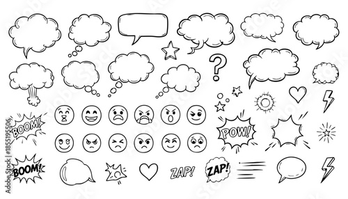 Set of hand-drawn comic explosion and shatter effect elements with cartoon smoke clouds, broken glass cracks, and rock debris in a bold black and white line art doodle illustration
