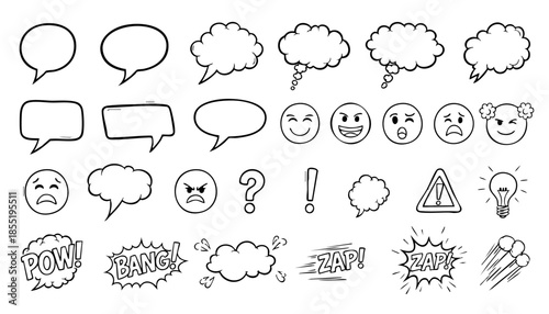 Comic boom cartoon effect line element set. Comic speech bubble pow, boom text, explosive splash smoke, wow cartoon vector icon. Hand drawn sketch doodle explosive element. Vector illustration