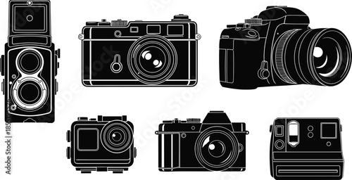 Camera silhouette, photography equipment, vintage to modern, black illustration, DSLR, mirrorless, instant camera, action cam, tech evolution, gear comparison
