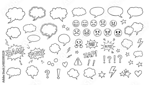 Comic boom cartoon effect line element set. Comic speech bubble pow, boom text, explosive splash smoke, wow cartoon vector icon. Hand drawn sketch doodle explosive element. Vector illustration