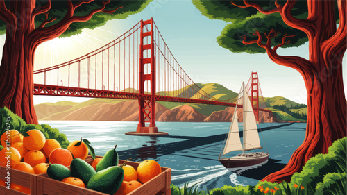 Colorful illustration of Golden Gate style red suspension bridge with sailboat, coastal hills, citrus fruit crate and lush trees at sunset