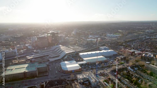 downtown center and railway station of Reading. Berkshire in England. aerial view